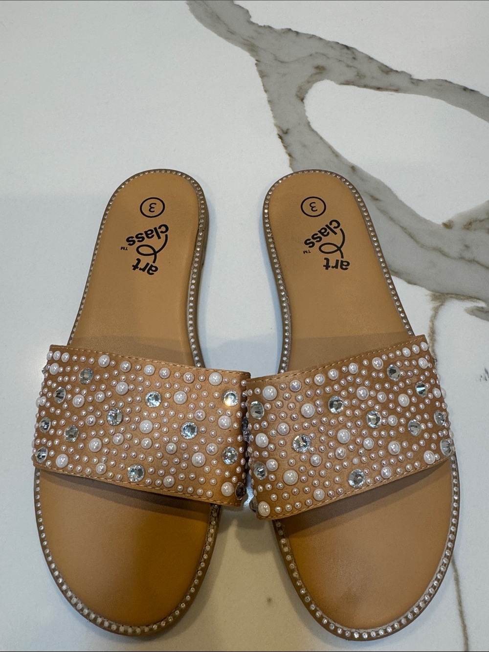 Girls art class Tan Slide Sandals with Pearls & Rhinestones size 3
